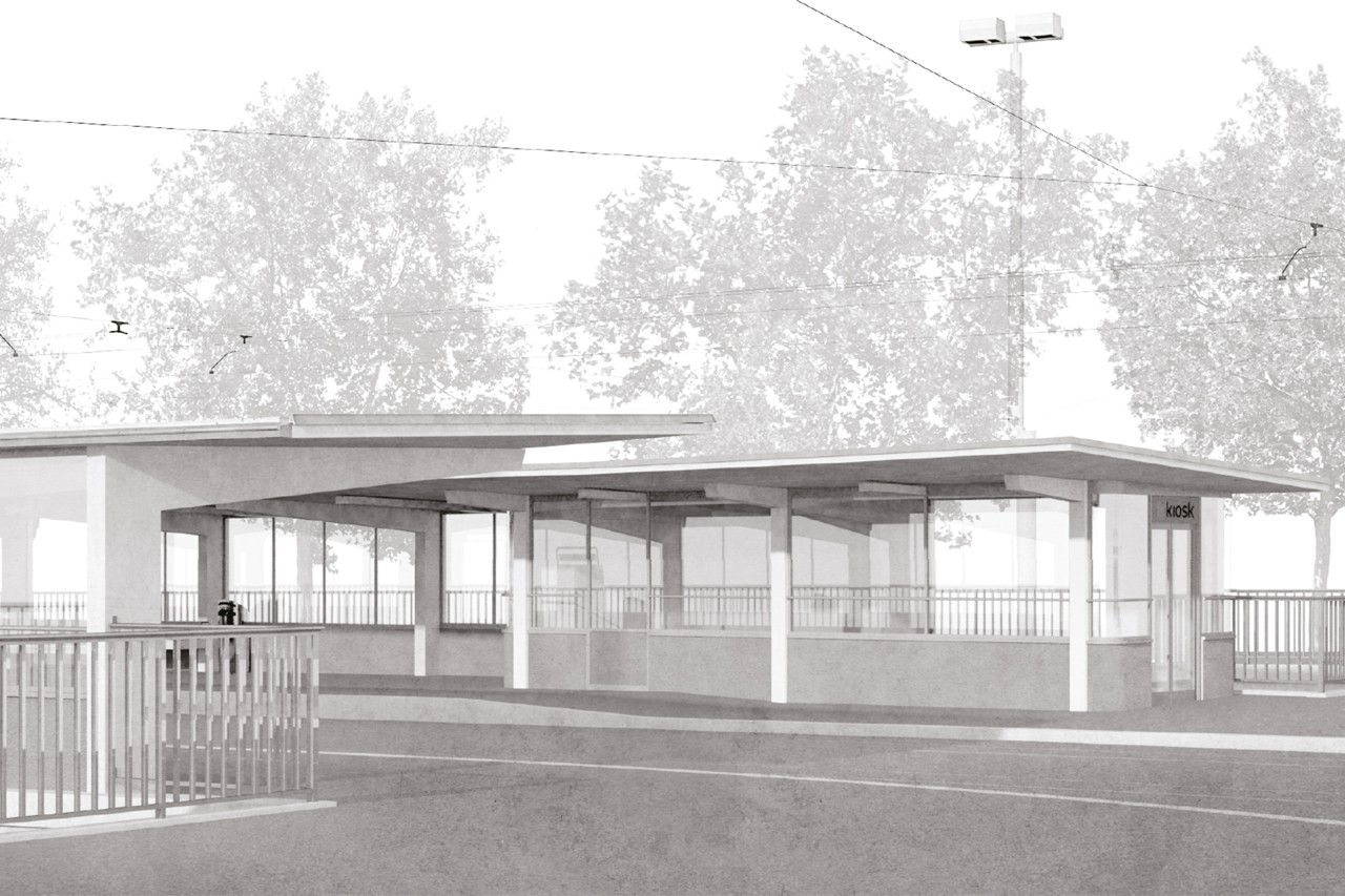 Visualisierung Tramhaltestelle Bahnhofquai Siegerprojekt EGENDER - Ansicht Perronauftakt mit Kiosk (Visualisierung: Joos & Mathys Architekten AG, Zürich)